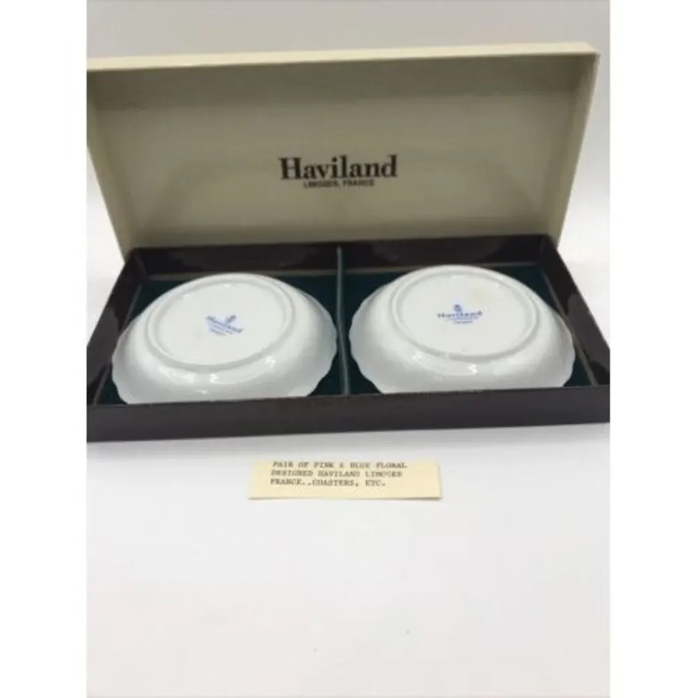 2 Haviland Limoges Coasters - Presentation Box Pink Blue‎ Floral